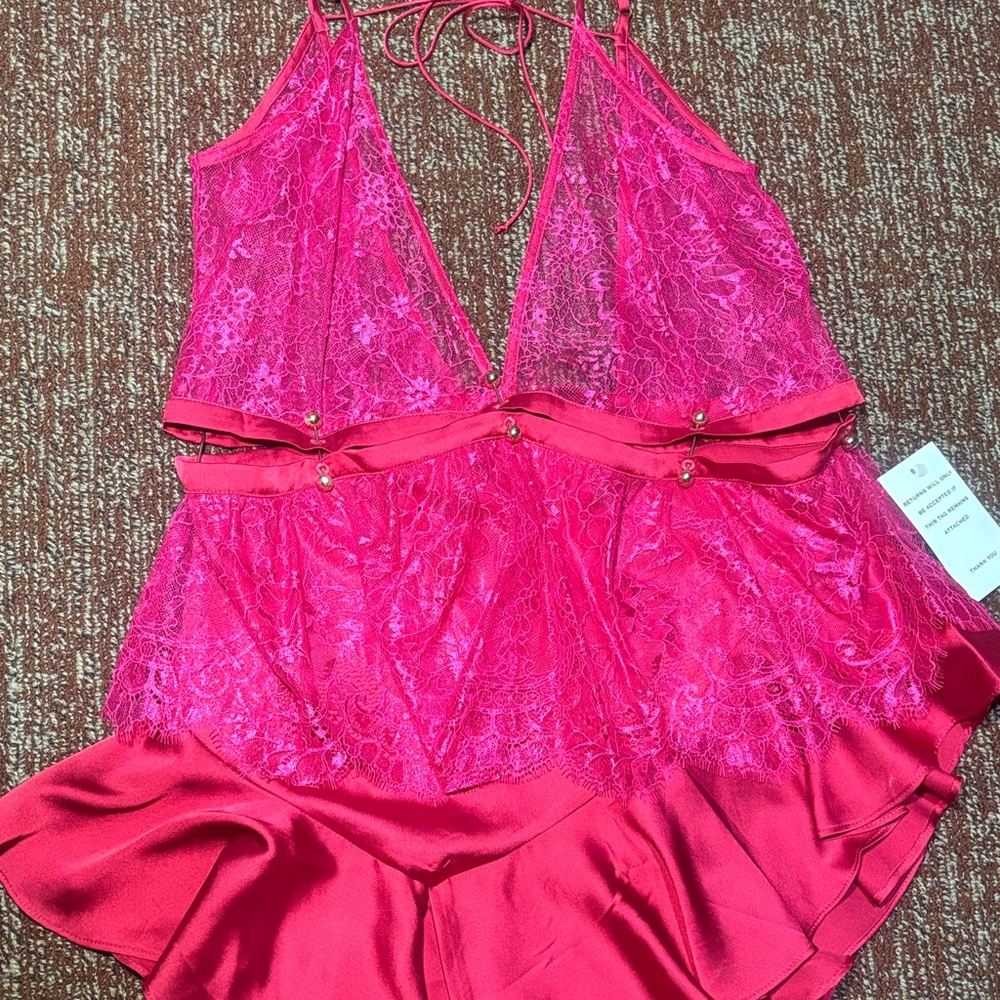 RARE!! NWT For Love and Lemons pink sheer barbell lace silky lingerie small